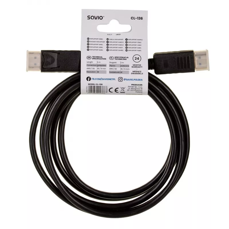 DisplayPort-kaapeli SAVIO CL-136, DisplayPort pistoke–pistoke, 2 m, DP 1.2, kullatut koskettimet, musta