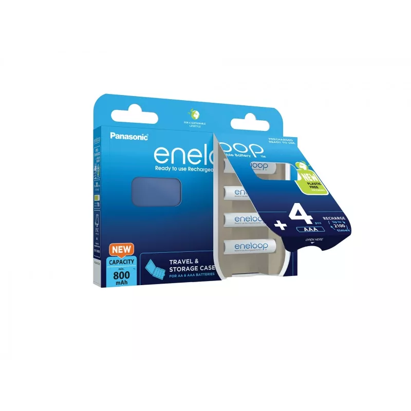 Uudelleenladattavat paristot PANASONIC ENELOOP AAA 800 mAh 4 kpl + kotelo (BK-4MCDE/4CP+CASE)