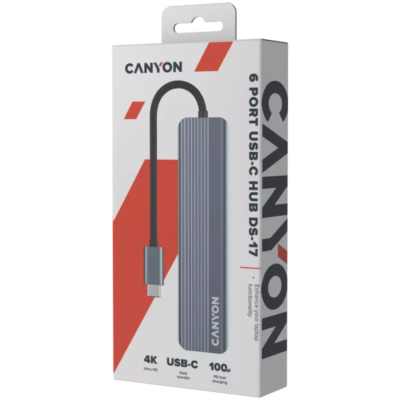 USB Type-C -keskitin CANYON DS-17 — HDMI, USB 3.2 Gen 1 A, USB-C, MicroSD, 10000 Mbit/s, harmaa