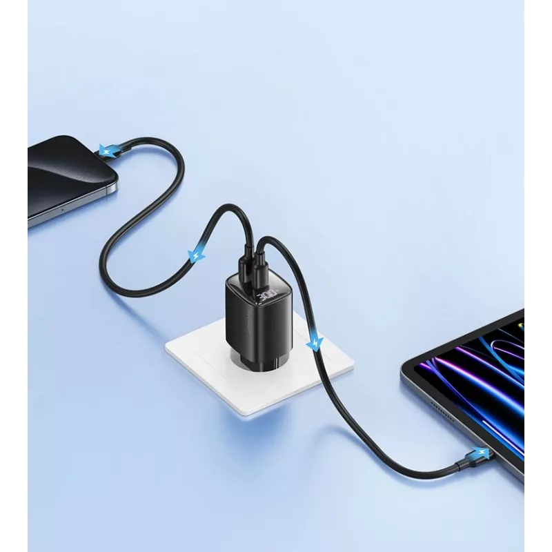 Laturi usams CC229 30W GaN USB-C ja USB LED kompakti matkalaturi