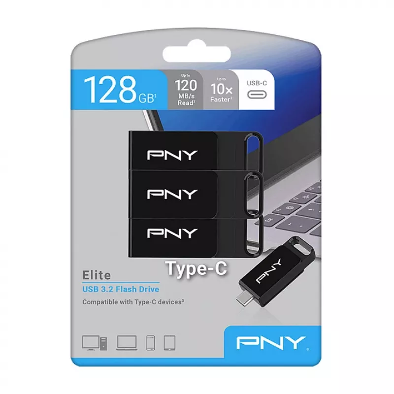 PNY Elite 128 GB USB-C 3.2 Gen 1 muistitikku, 3 kpl:n pakkaus (Retail)