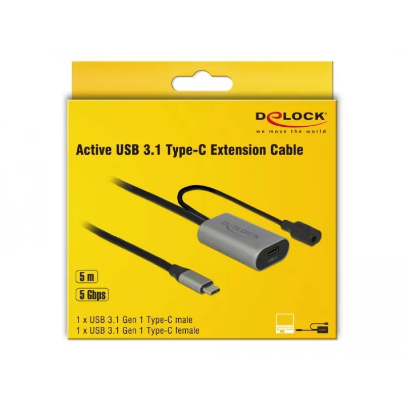 Delock USB-C Aktiivinen jatkokaapeli, 5 m, USB 5 Gbps (USB-20225 / 85392)