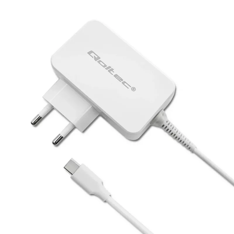 Qoltec 51039 65 W USB-C PD -virtalähde, 5–20,3 V, 2–3,25 A, sisäänrakennettu USB-C-kaapeli, valkoinen