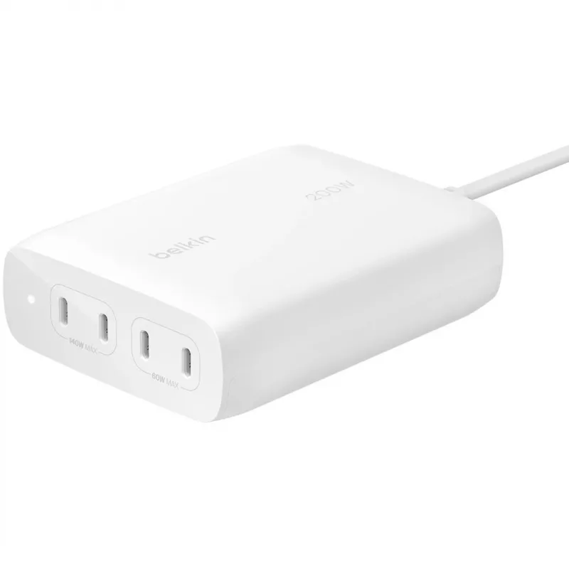 Belkin BoostCharge Pro 200 W 4-porttinen USB-C GaN -seinälaturi, valkoinen (WCH015VFWH)