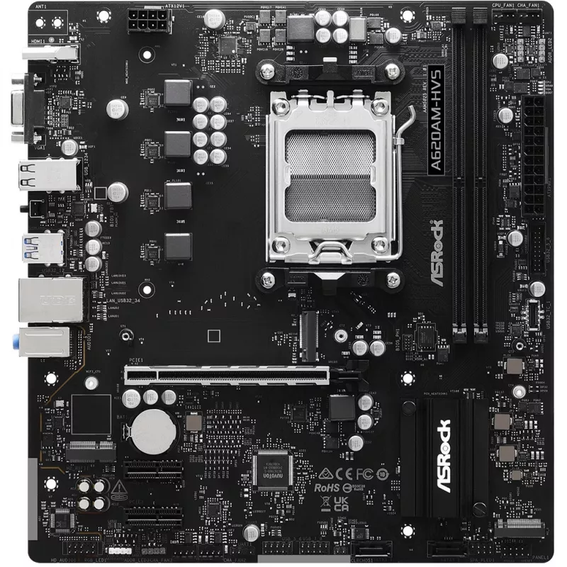 Emolevy ASRock A620AM-HVS Micro ATX — AMD A620A-piirisarja, kanta AM5, DDR5, 2 DIMM, jopa 128 GB, HDMI 2.1, M.2 2280