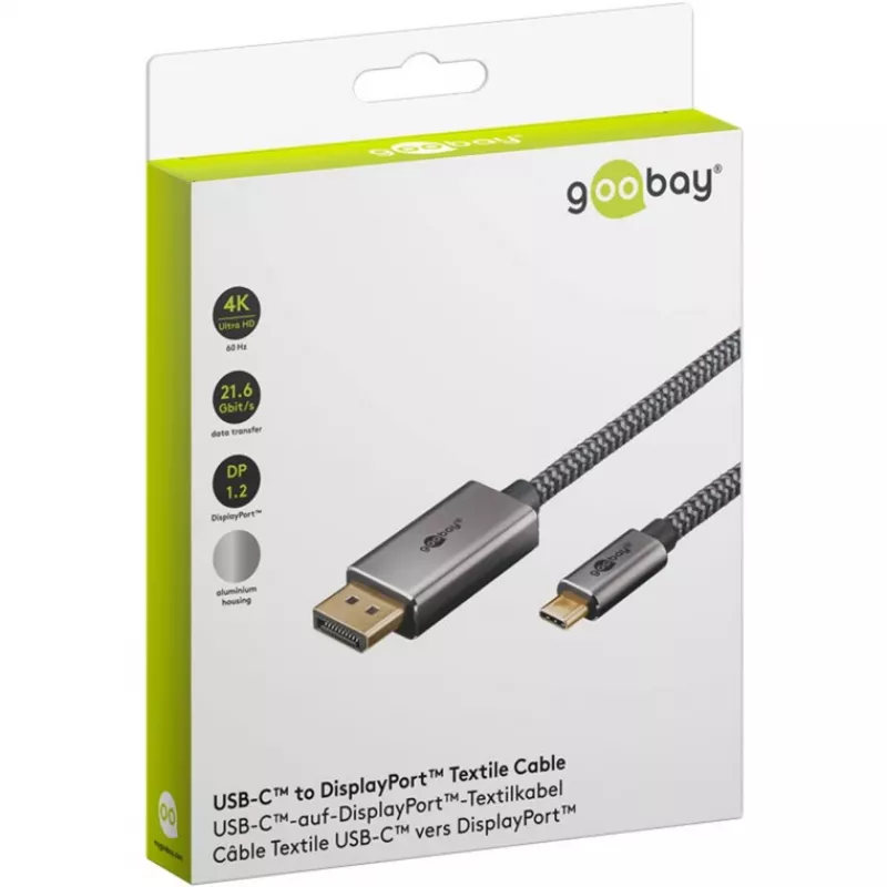 USB-adapterikaapeli, USB-C-uros > DisplayPort-uros, 4K 60 Hz (musta/hopea, 2 metriä, punottu kaapeli)