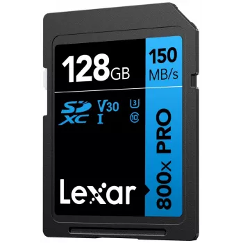 SDXC-muistikortti Lexar 128GB UHS-I 800xPRO Class 10 U3 V30 — 150 MB/s luku, 45 MB/s kirjoitus, musta