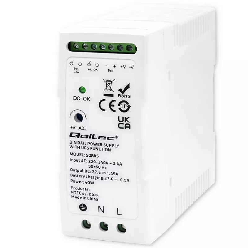 Qoltec 50885 tukeva DIN-kiskovirtalähde UPS-toiminnolla | 40W