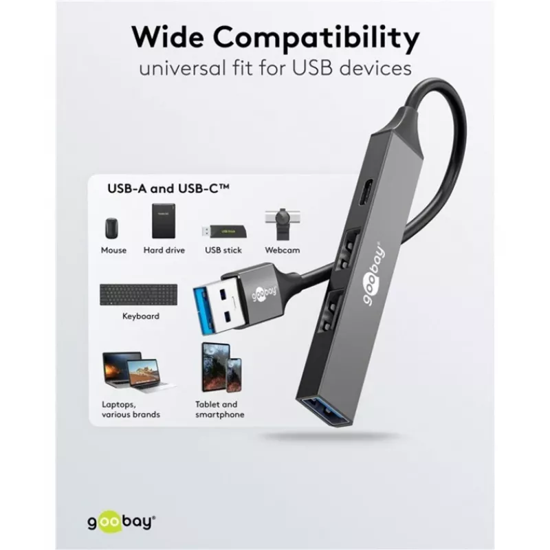 Goobay Slim 4-porttinen USB-keskitin, USB-A – USB-C™/USB-A, USB 3.2 (74458)