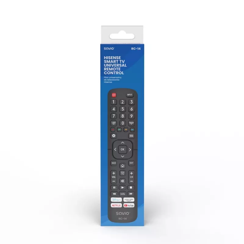 Yleiskaukosäädin SAVIO RC-14 Hisense Smart TV:lle, IR langaton, tukee 14 laitetta, kantama jopa 10 m, musta