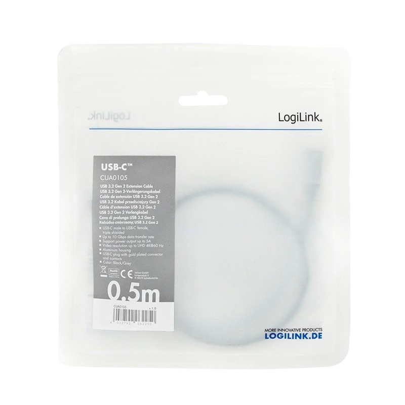 LogiLink USB-kaapeli USB 3.2 Gen 2 CUA0105 0,5 m USB-C musta harmaa