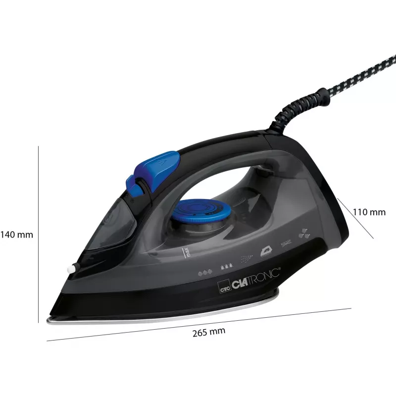 Silitysrauta CLATRONIC DB 3703 — kuiva- ja höyrysilitysrauta, ruostumaton teräspohja, 1800 W, musta/harmaa