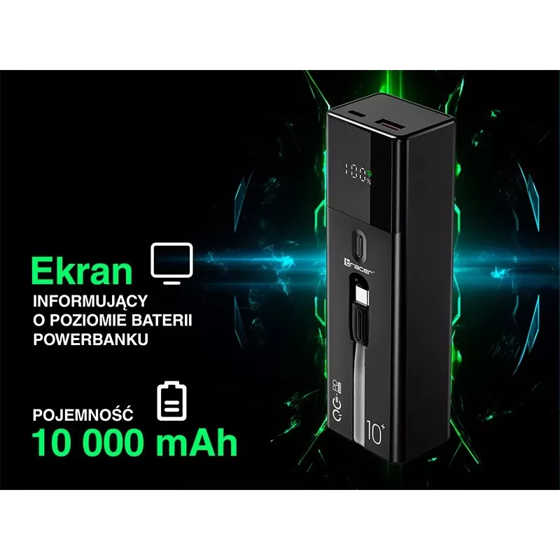 Kannettava varavirtalähde TRACER Quant 10000 mAh Li-Ion, PD & QC3.0, 3 liitäntää (2×USB-C, 1×USB-A), 100W, musta