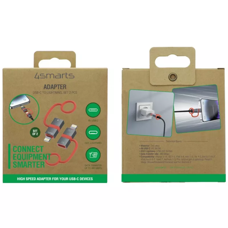 USB-C - Lightning -sovitin 4smarts 541522, 27W PD, 2 kpl:n pakkaus