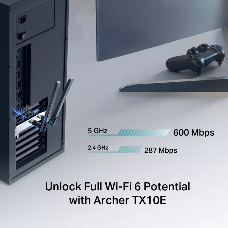 Wi-Fi 6 Bluetooth PCIe -sovitin TP-LINK Archer TX10E AX900 — PCIe-kortti, AX900 Wi-Fi 6, Bluetooth