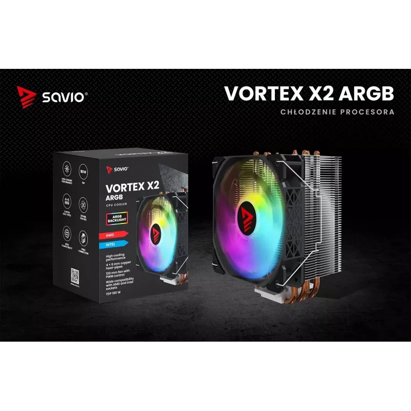 CPU-ilmajäähdytin SAVIO SAVGCOVORTEXX2ARGB 4 lämpöputkella, 120 mm ARGB-tuuletin, musta