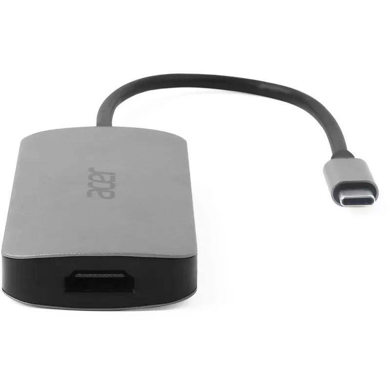 7-in-1 USB-C-adapteri Acer — USB 3.2 Gen 1 Type-C, 3x USB-A, HDMI, SD/MicroSD, 100W PD, hopea