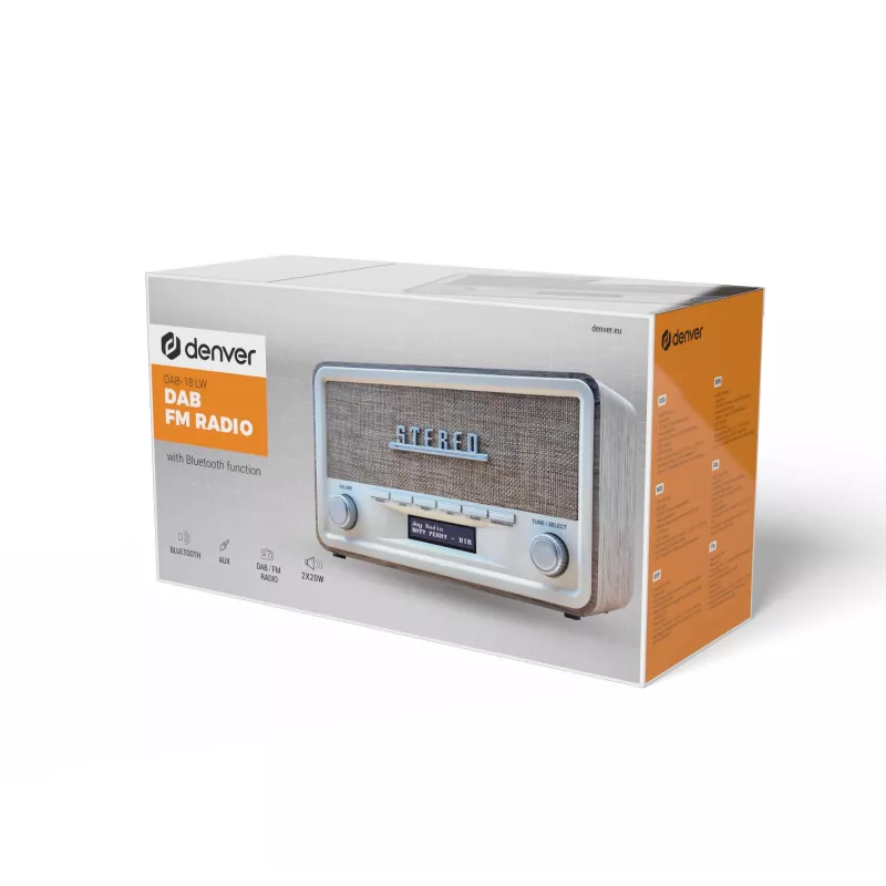 Denver DAB-18LW DAB+/FM-retroradio, Bluetooth, vaalea puujäljitelmä