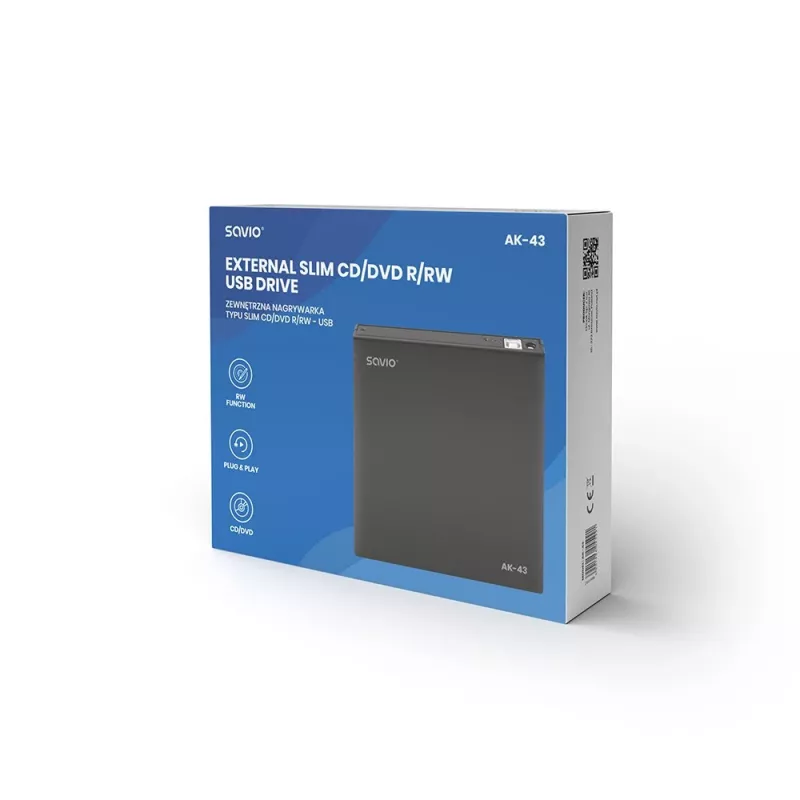 Ulkoinen ohut DVD±RW-asema SAVIO AK-43, USB 2.0, musta, tukee CD-/DVD-lukua/kirjoitusta (24x CD, 8x DVD)