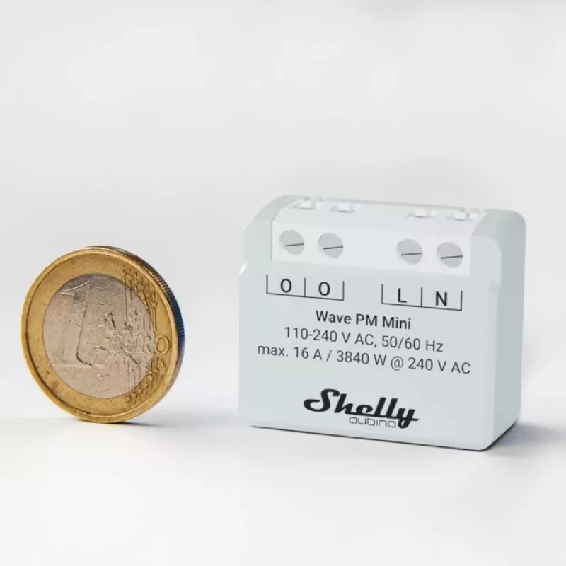 Shelly Qubino Wave PM Mini älykytkin, 1-kanavainen, uppoasennus, Z-Wave, langaton, 110–240 V AC / 24–30 V DC, harmaa