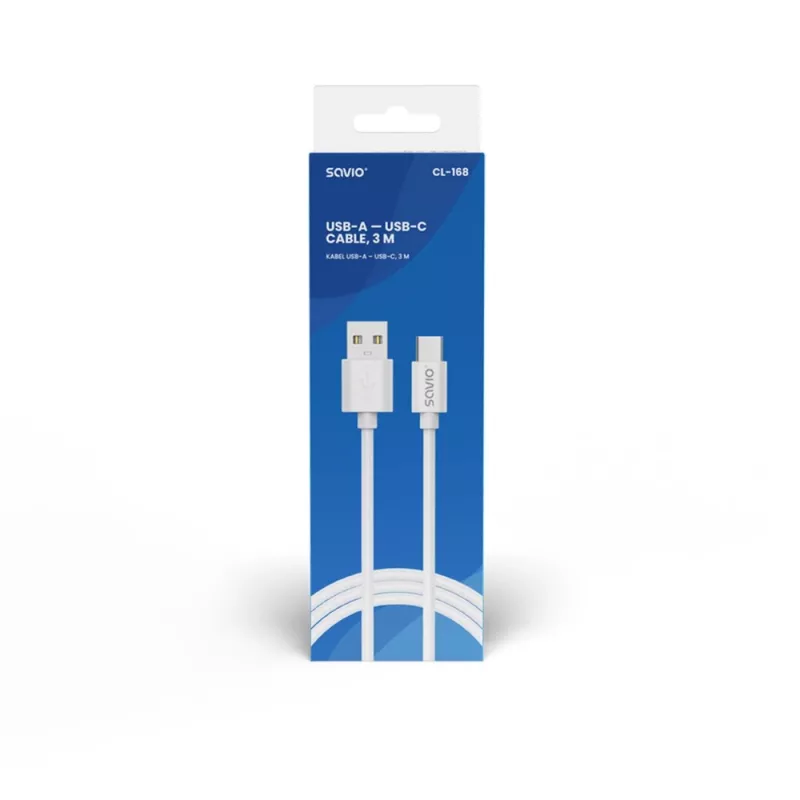 USB 2.0 -kaapeli SAVIO CL-168, USB A (uros) - USB C (uros), 3 m, valkoinen