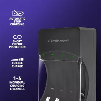 Akkulaturi QOLTEC 50653 Ni-MH AAA (R03) ja AA (R6) akuille, 220–240 V tulo, 1,2 V lähtö