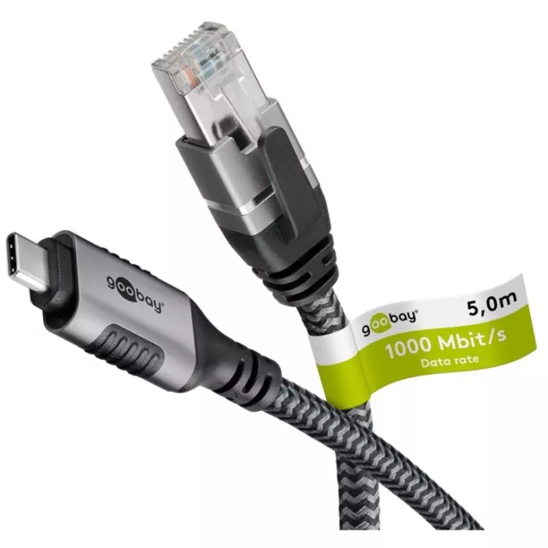 Goobay 70752 USB-C 3.1 – RJ45 Ethernet-kaapeli, Cat6 F/UTP, 5 m, musta/hopea