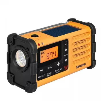 Kannettava hätäradio Sangean MMR-88 (USB-C) keltainen — kampi, aurinko, paristo, AM/FM, säävaroitus
