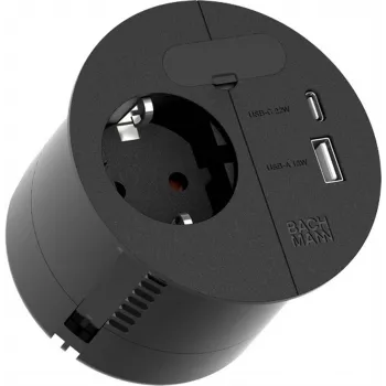 Bachmann 938.201 -jatkojohto, jossa 1× CEE7/3-pistorasia, 1× USB-A/C 22W, 2,0 m kaapeli