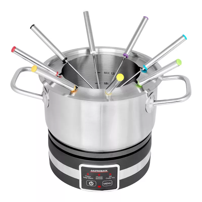 Gastroback 42568 Fondue MultiCook 4in1 ja keittolevy, 1200 W, 2,3 l ruostumattomasta teräksestä valmistettu kattila, 8 haarukkaa