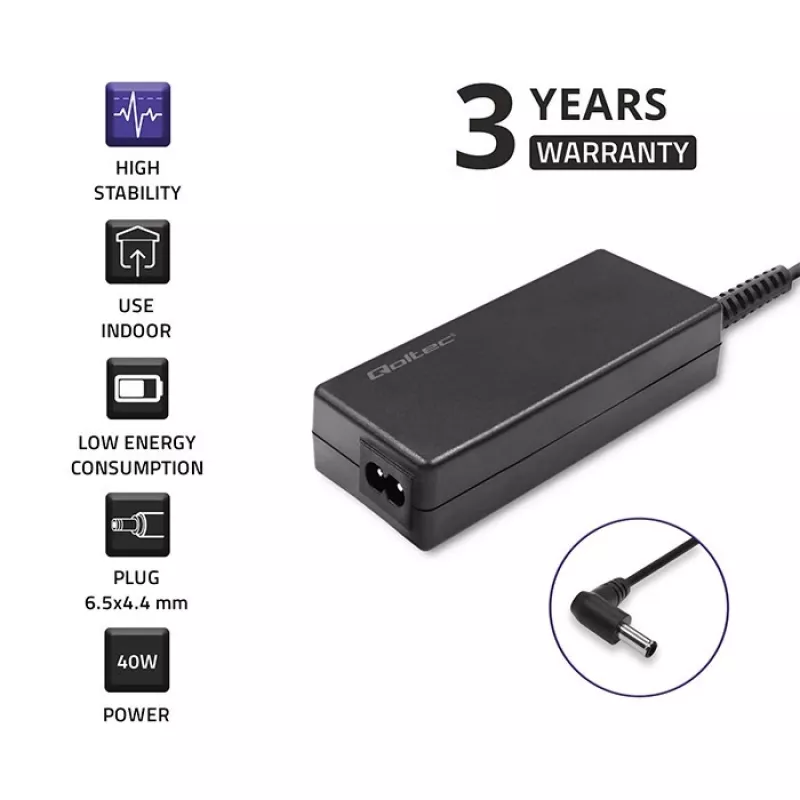 Qoltec 51775 verkkovirta-adapteri LG-näytöille, 40 W, 19 V 2,1 A, 6,5x4,4 mm:n liitin