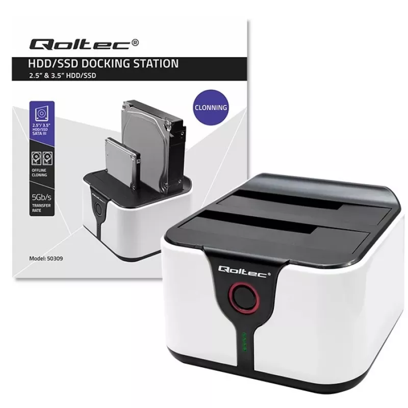 Qoltec 50309 HDD SSD 2.5 3.5 telakointiasema | SATA III | USB 3.0 | Super Speed 5 Gb/s | kloonaustoiminnolla