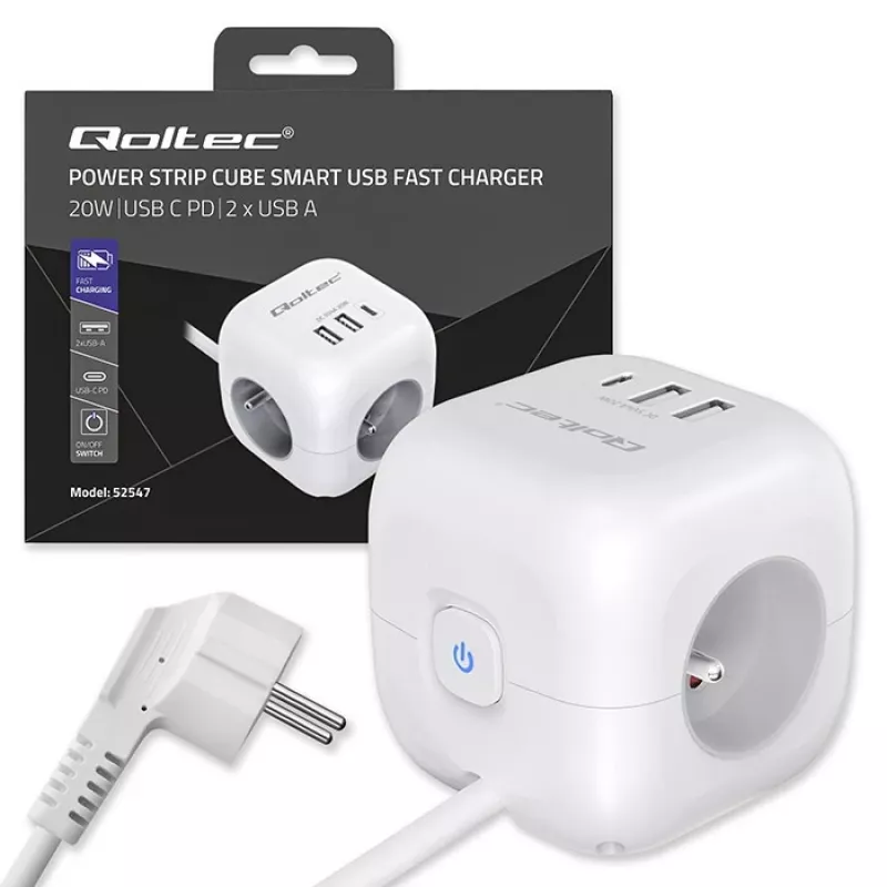 Power Cube QOLTEC 52547 jakotukki 3×AC-pistorasia, 2×USB-A, 1×USB-C PD 20W