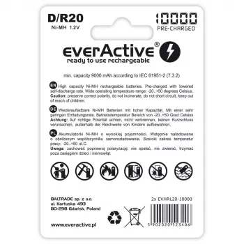 Uudelleenladattava akku everActive EVHRL20-10000 D NiMH 1,2 V 2 kpl
