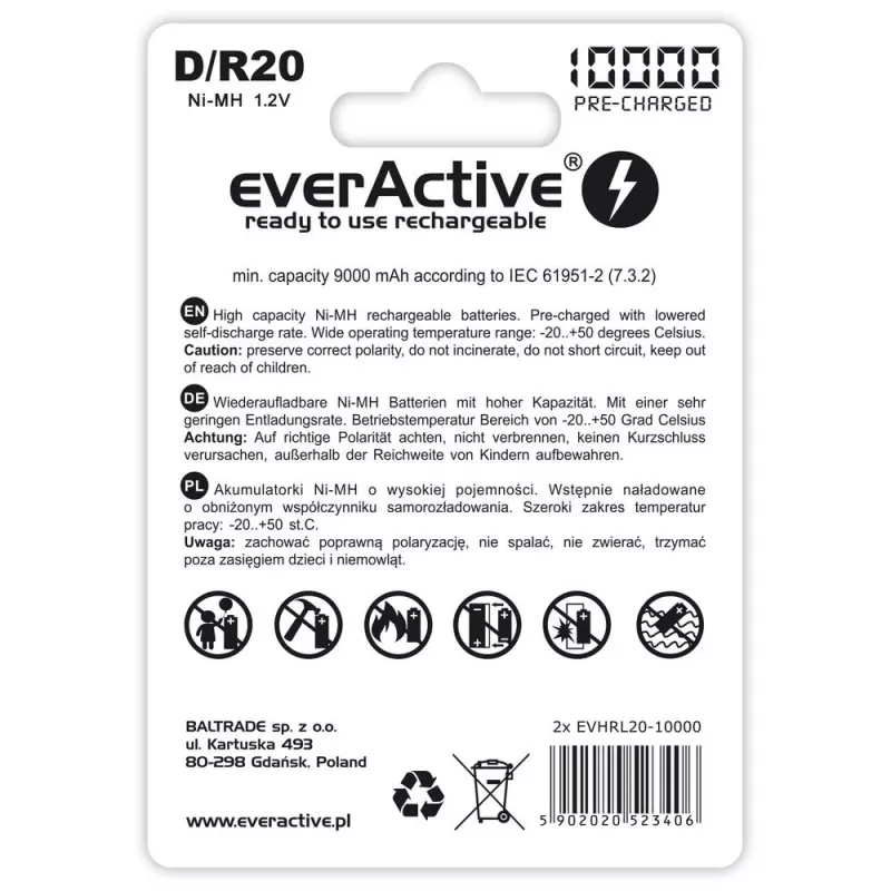 Uudelleenladattava akku everActive EVHRL20-10000 D NiMH 1,2 V 2 kpl