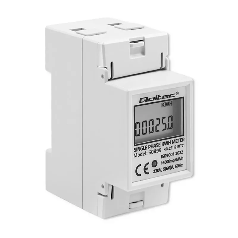 Yksivaiheinen energiankulutusmittari QOLTEC 50899 230 V 50 Hz, 5(60)A, luokka 1.0, LCD