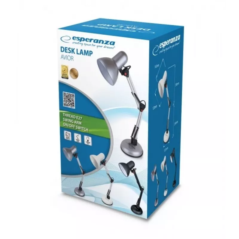 Pöytävalaisin ESPERANZA AVIOR E27 12W LED, musta, korkeussäädettävä, taipuisa varsi, E27-kanta
