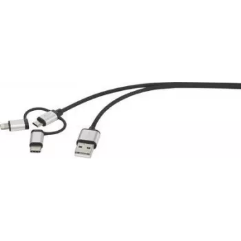 Renkforce USB-kaapeli USB 2.0 USB-A-pistoke, USB-C™-pistoke, USB-Micro-B-pistoke, Apple Lightning-pistoke 1,00 m tummanharmaa punottu (RF-3335108)