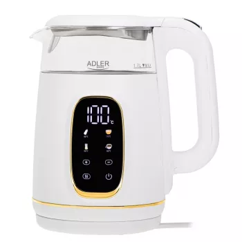 Vedenkeitin Adler AD 1305WG — 1,7 l, 2200 W, lasi/muovi, valkoinen/kulta/läpinäkyvä