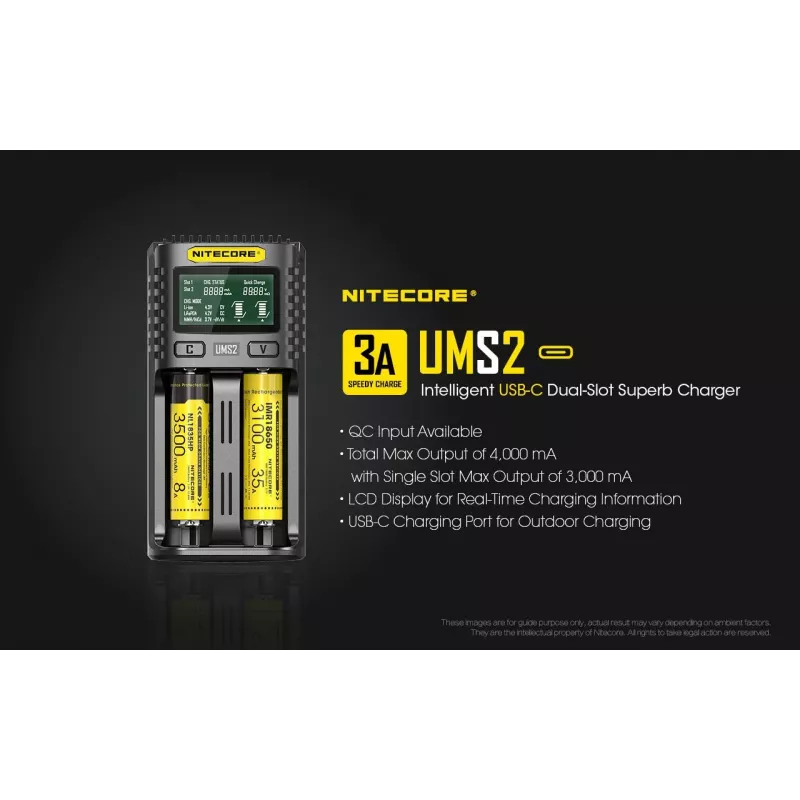 Nitecore UMS2 akkulaturi kotitalousparistoille DC litiumioni nikkelikadmium