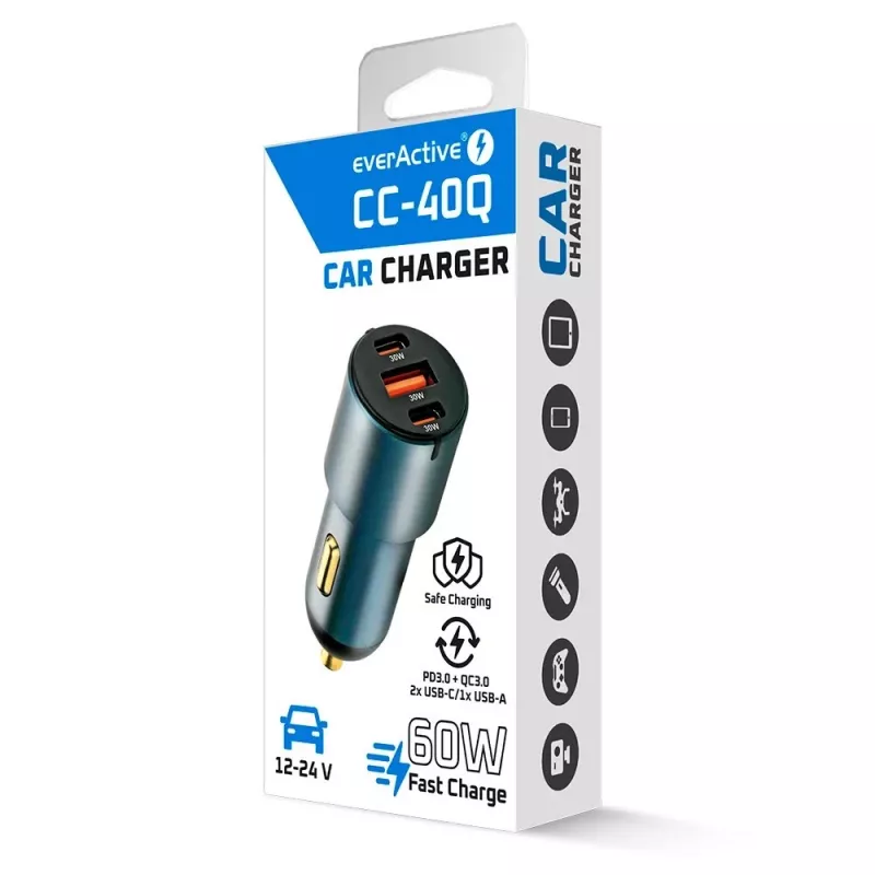 Autolaturi everActive CC-40Q QC3.0 60W, USB-autosovitin matkaviestinten lataamiseen