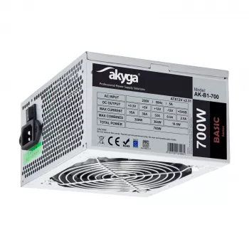 Akyga AK-B1-700 Basic 700 W ATX-virtalähde, passiivinen PFC, 120 mm:n tuuletin, harmaa