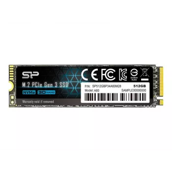 SSD M.2 NVMe Silicon Power P34A60 512 GB — PCIe, luku 2200 MB/s, kirjoitus 1600 MB/s, NVMe 1.3