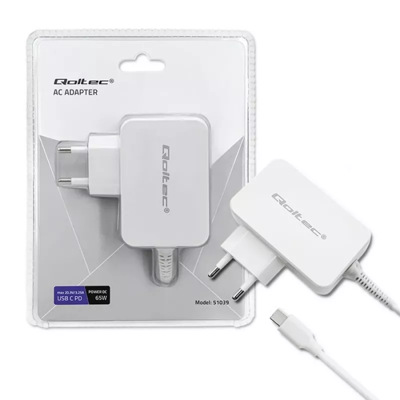 Qoltec 51039 65 W USB-C PD -virtalähde, 5–20,3 V, 2–3,25 A, sisäänrakennettu USB-C-kaapeli, valkoinen