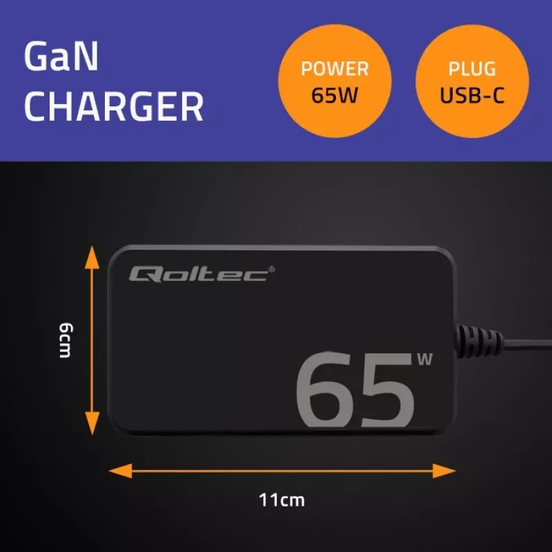 QOLTEC laturi 65W GaN Super Fast ohut PD 5-20V 3,25A USB-C