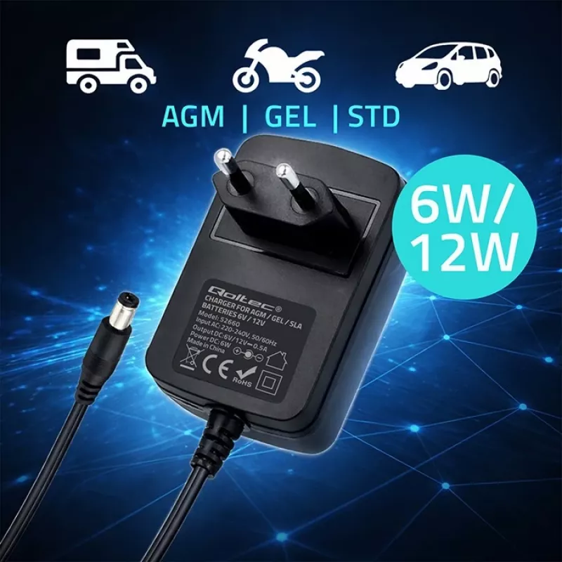 Akkulaturi QOLTEC malli 52660 — 6V/12V, 6W laturi