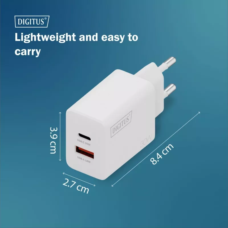 AC sisäkäyttöön USB GaN -laturi DIGITUS DA-10301 — 30W, 1× USB-C, 1× USB-A, 100–240V, valkoinen