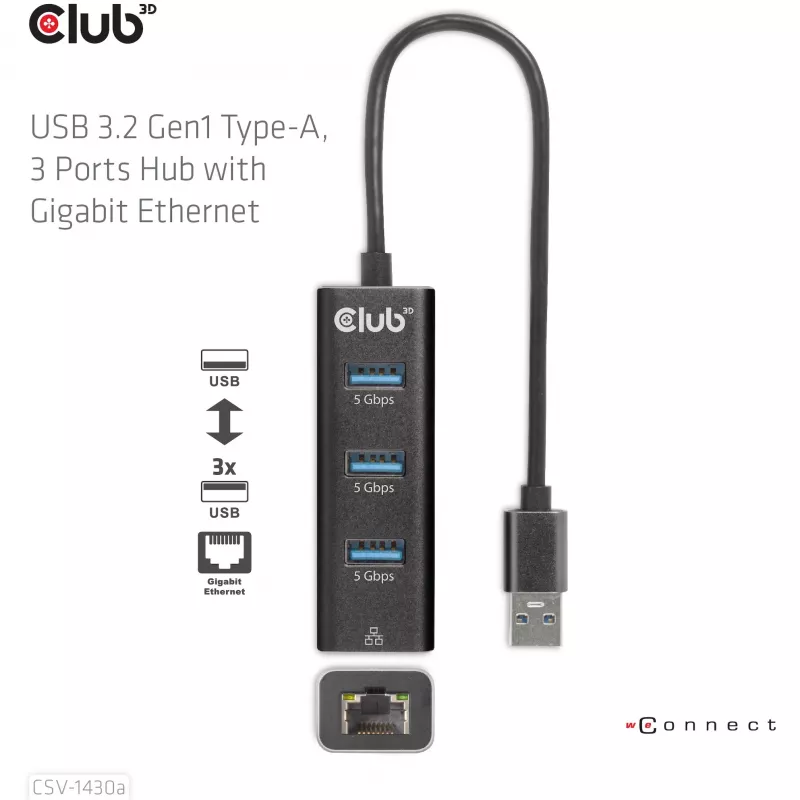 USB-keskitin CLUB3D USB 3.2 Gen1 Type-A 3 liitännällä ja gigabitin Ethernet