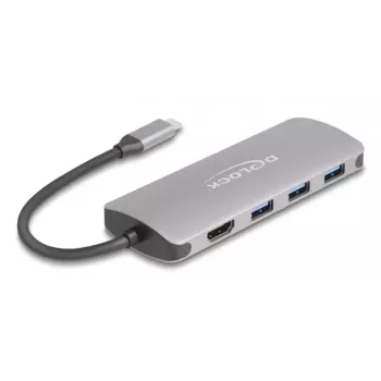 USB-C-keskitin DELOCK 64323 — USB 3.2 Gen 2 Type-C-isäntä, HDMI + 2× USB-A + 2× USB-C, 10 Gbit/s, harmaa