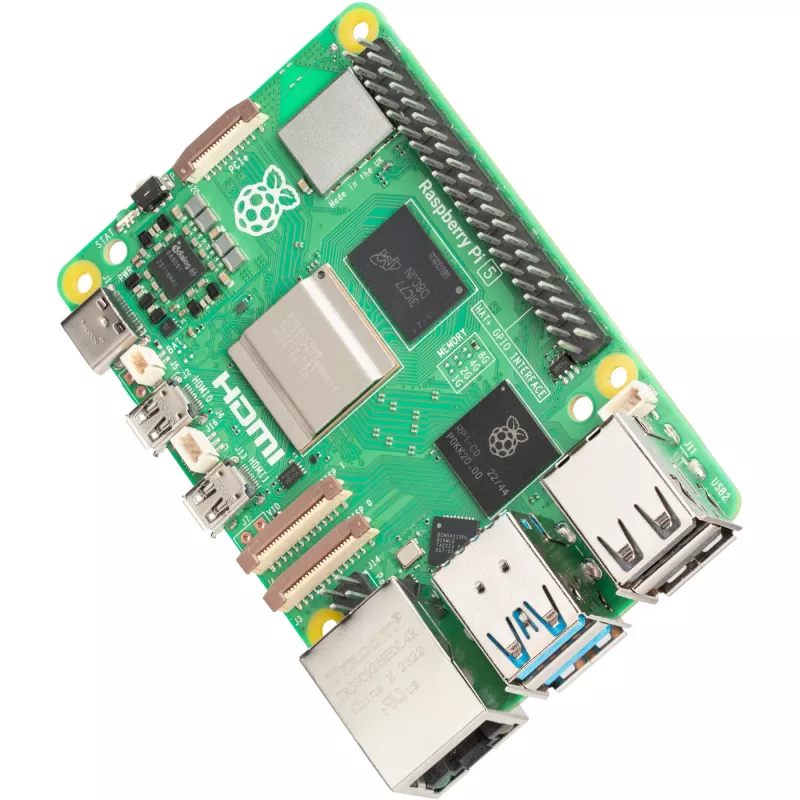 Yhden piirilevyn tietokone Raspberry Pi 5 kehitysalusta — 2400 MHz Arm Cortex-A76, jopa 16 GB LPDDR4x, MicroSD, USB 3.2, Wi‑Fi 5